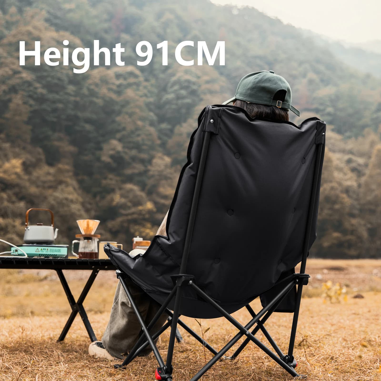 Chaise lune de camping pliable à dossier haut - Réglable pour pêche, randonnée et pique-nique