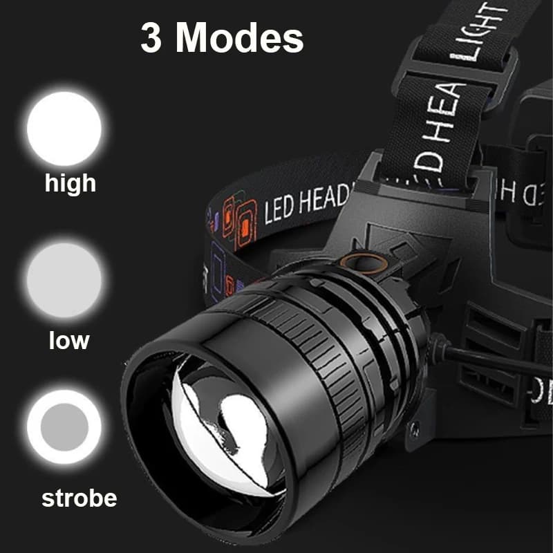 Frontale LED puissante rechargeable à zoom télescopique étanche haute luminosité pour pêche travail