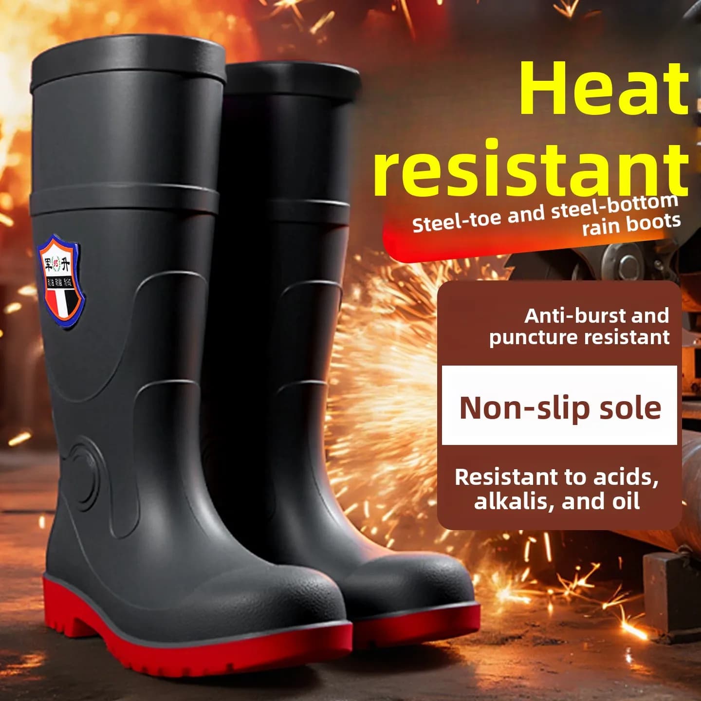 Bottes de travail caoutchouc à embout et semelle acier protection anti-flammes pour montagne