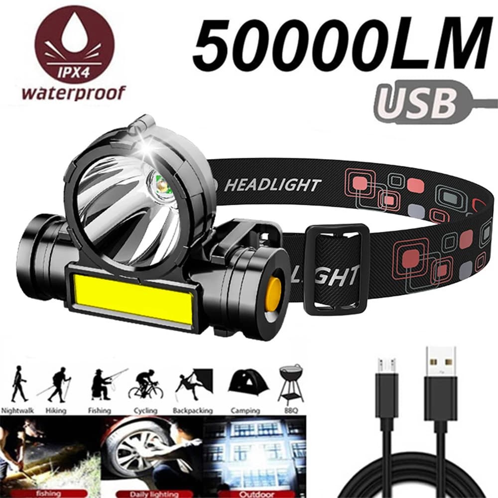 Lampe frontale LED waterproof rechargeable USB pour pêche - Éclairage puissant étanche camping plongée