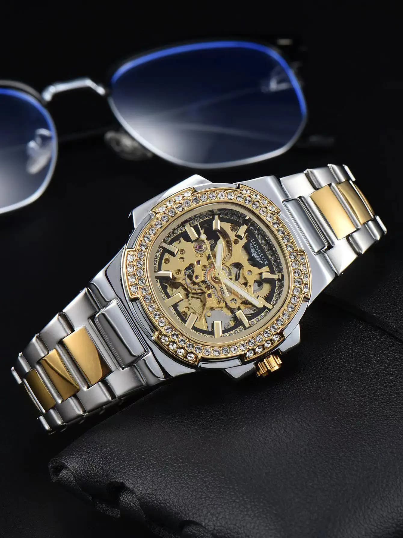 Montre homme automatique LONGLUX luxe acier inox squelettée étanche diamants mécanique bracelets montre homme