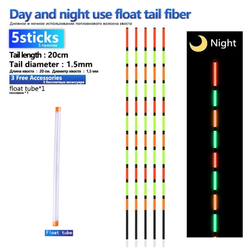 Kit de fibres luminescentes pour flotteurs pêche jour et nuit, 5 queues + 2 tubes, DIY