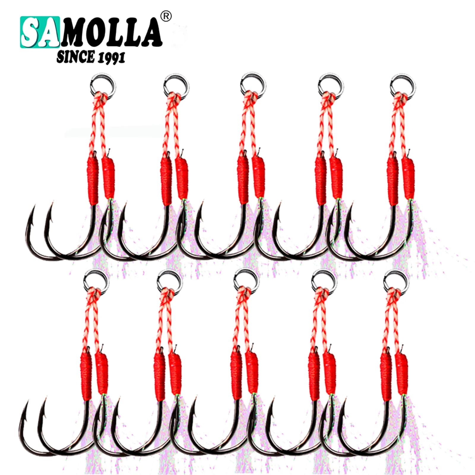 Lot de 10 hameçons doubles pour pêche leurre jigging lent, plumes et acier haute carbone pour