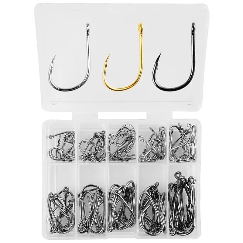 Boîte de 100 hameçons pêche à la carpe en acier haute teneur en carbone, modèles simples et circulaires