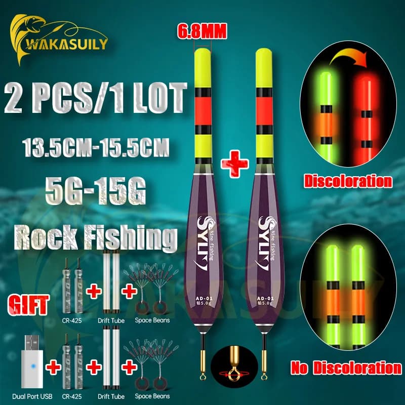 Flotteur lumineux nuit pêche roche 2 pièces courte queue, 5.2mm, couleur changeante ou brillance constante
