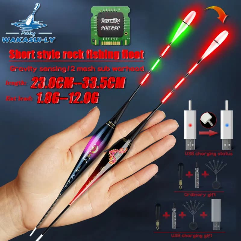 Flotteur lumineux LED pour pêche de nuit, type bullet court, changement de couleur par induction gravitationnelle