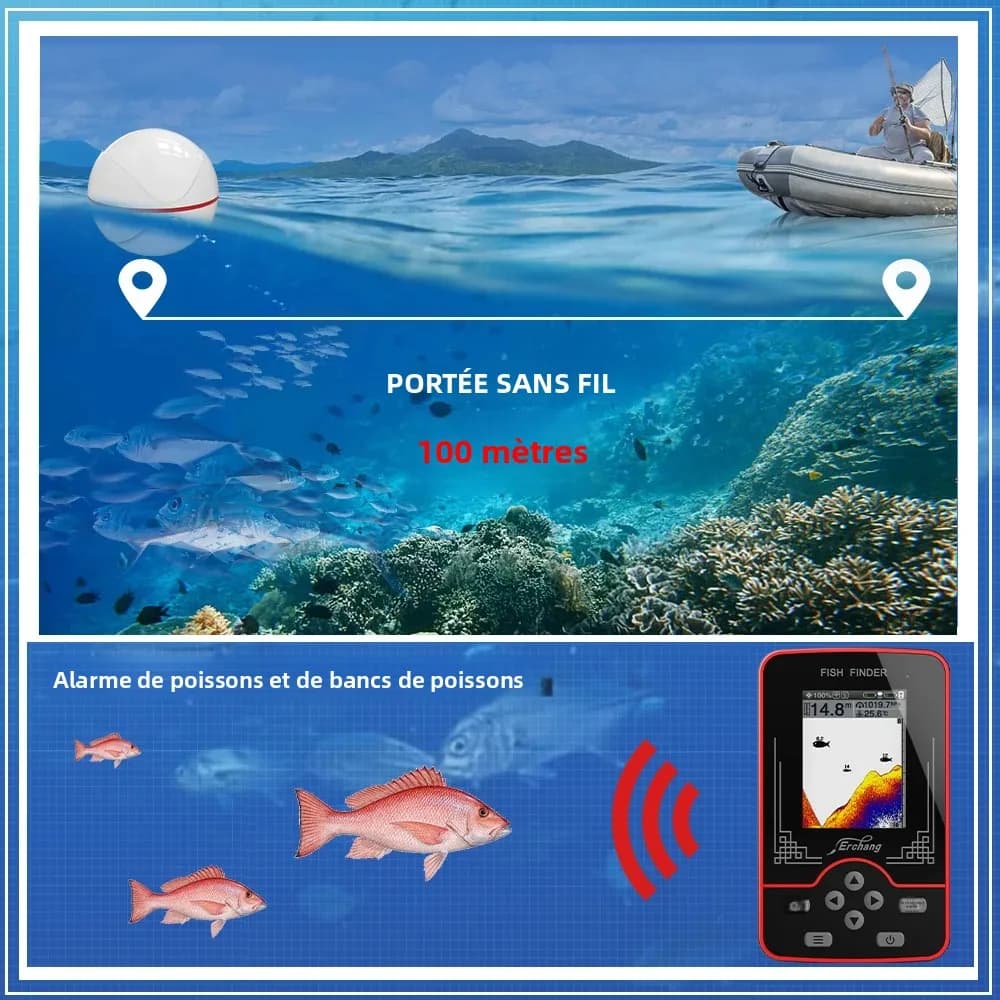 Sonar de pêche sans fil Erchang 60m profondeur - Détecteur de poissons portable rechargeable pour pêche en mer