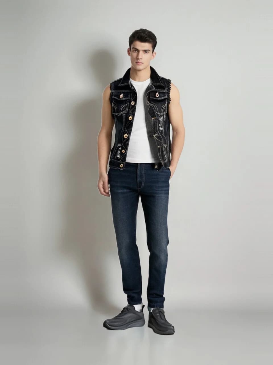 Gilet denim vintage pour pêcheur stylé - Veste sans manches jean délavé homme grande taille 6XL