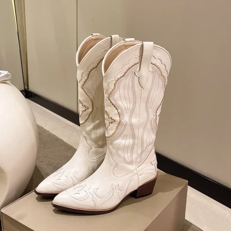 Bottes cowboy brodées automne à talons carrés - Bottes longues imperméables confortables mode