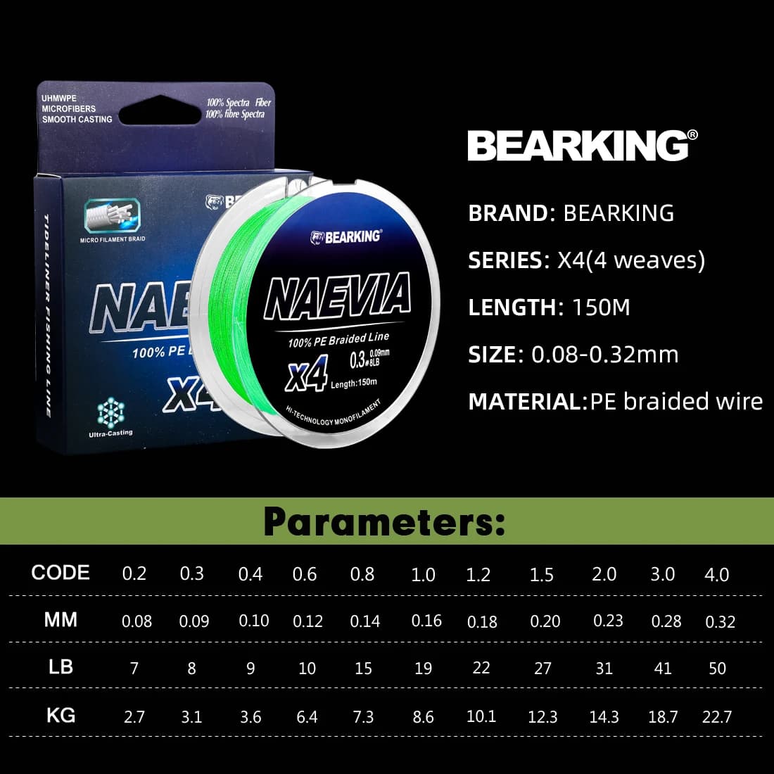 Ligne de pêche carp PE multifilament BEARKING 150m 4 brins, résistance 10-93LB, tresse souple et glissante