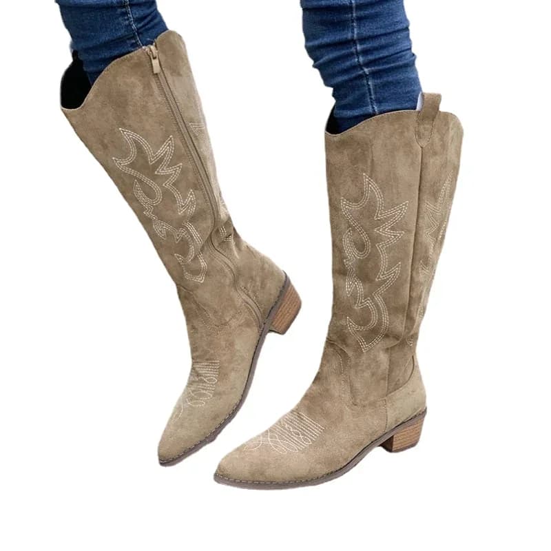 Bottes cowboy brodées femme automne - Bottes genou pointues talon épais cuir PU