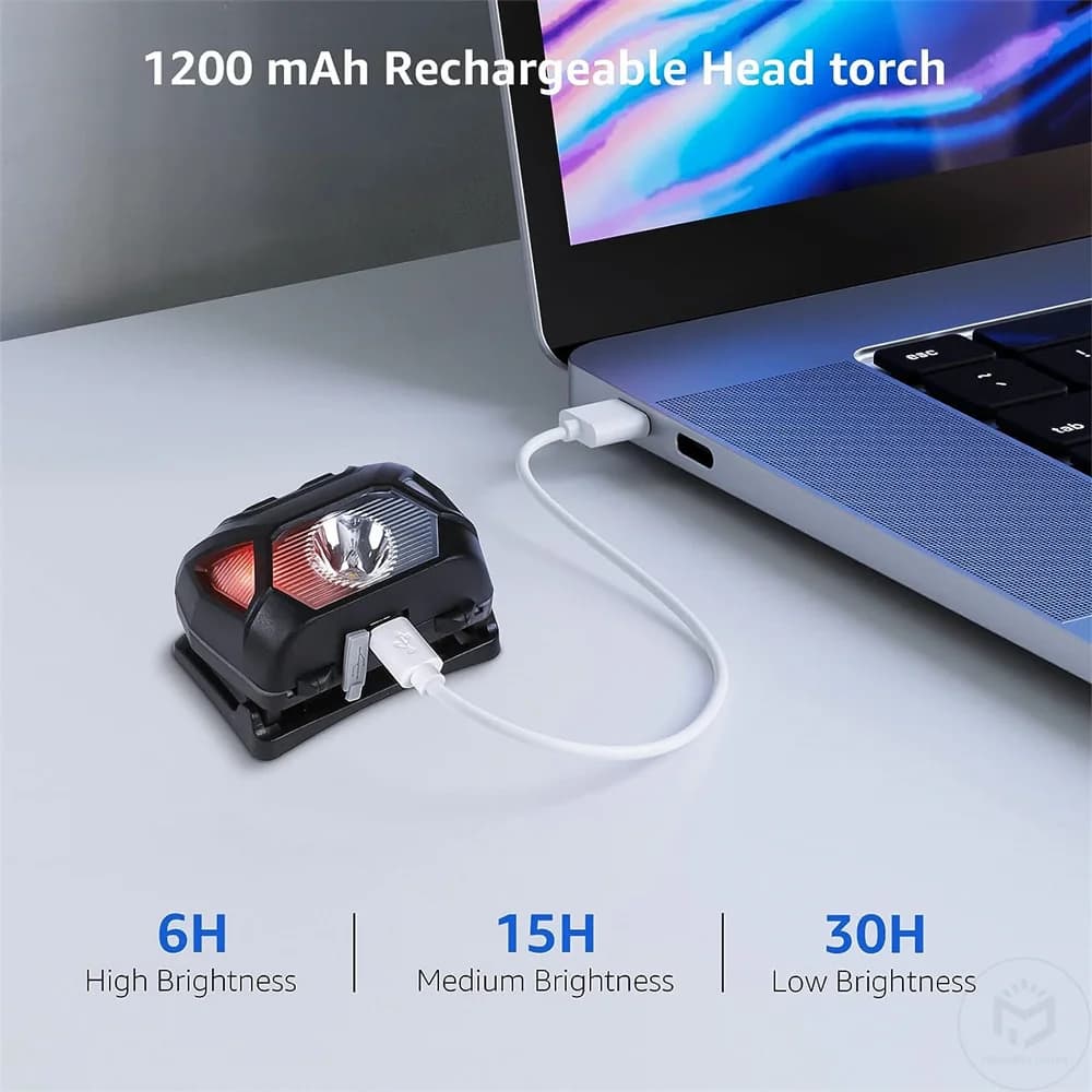 Lampe frontale pêche 6 modes USB rechargeable étanche IPX4 avec lumières rouge et verte