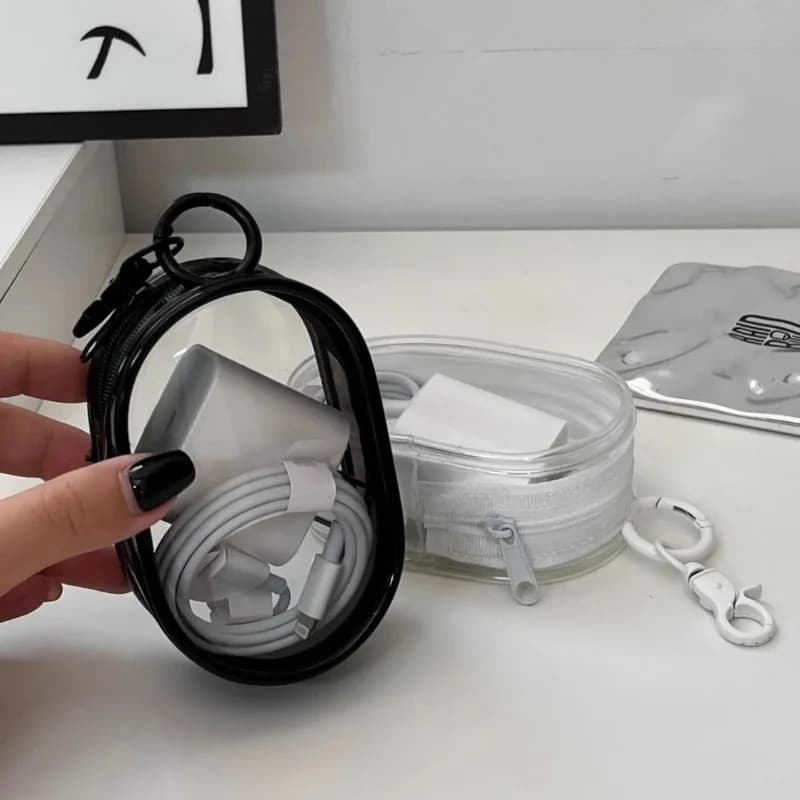 Trousse organisatrice câbles transparente pêche - Pochette pendentif pour chargeurs électronique pêche