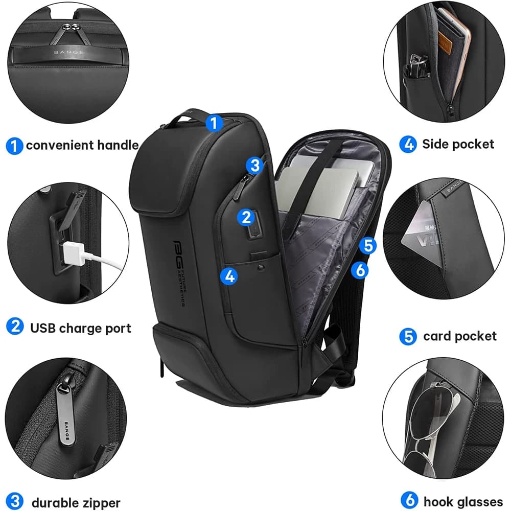 Sac à dos BANGE chargeur USB intelligent étanche pour ordinateur 15.6 pouces et voyages