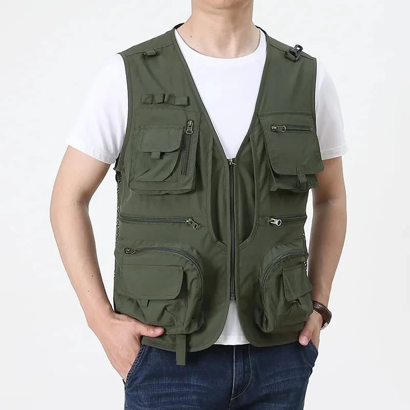 Veste de pêche cargo rouge personnalisable 2025 - Yelek multi-poches nylon pour journaliste photo camping