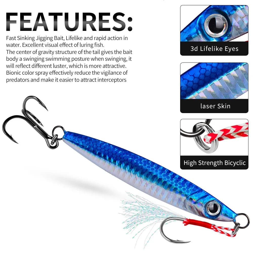 Leurres métal jig 3D 5 pièces 10g à 60g pour pêche en mer et surfcasting -