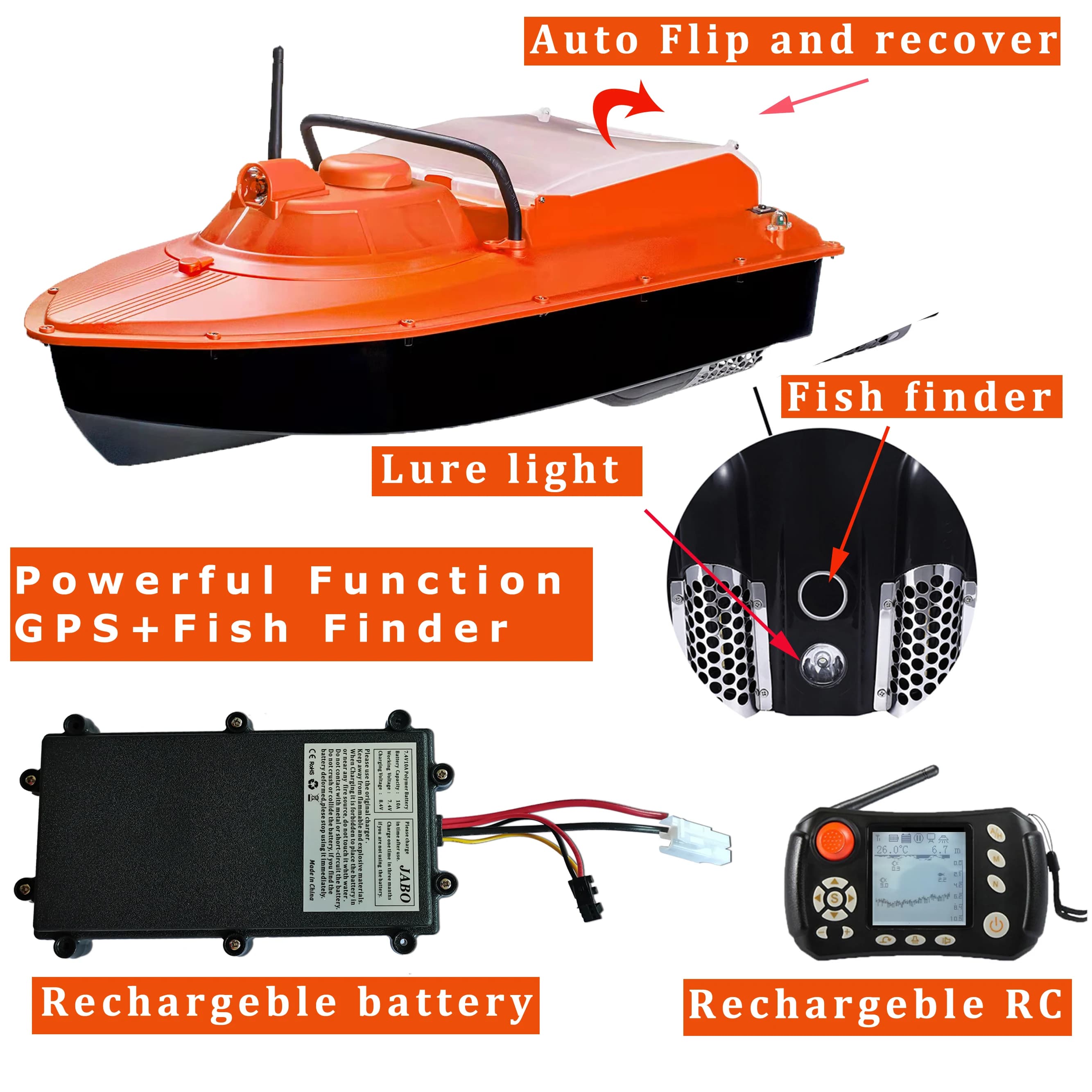 Bateau appât 2 en 1 avec détecteur poissons JABO2BG - Pour pêche carpe électrique 7.4V autonome