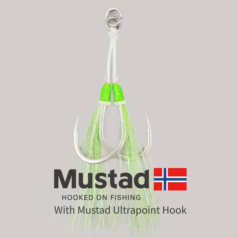 Hameçons Mustad Glow Slow Jigging Twin Assist pour la pêche au dorade en mer