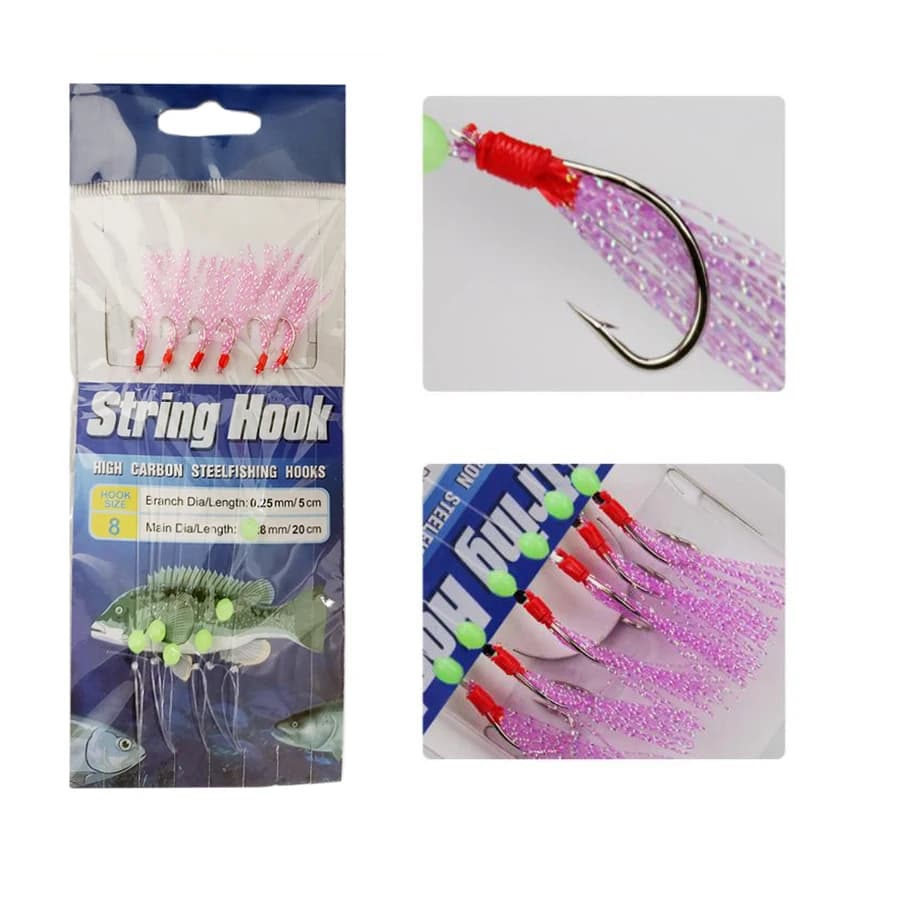 5 montages pêche 6 hameçons fil soie arc-en-ciel pour appâts eau douce et mer - Bas de ligne 8#