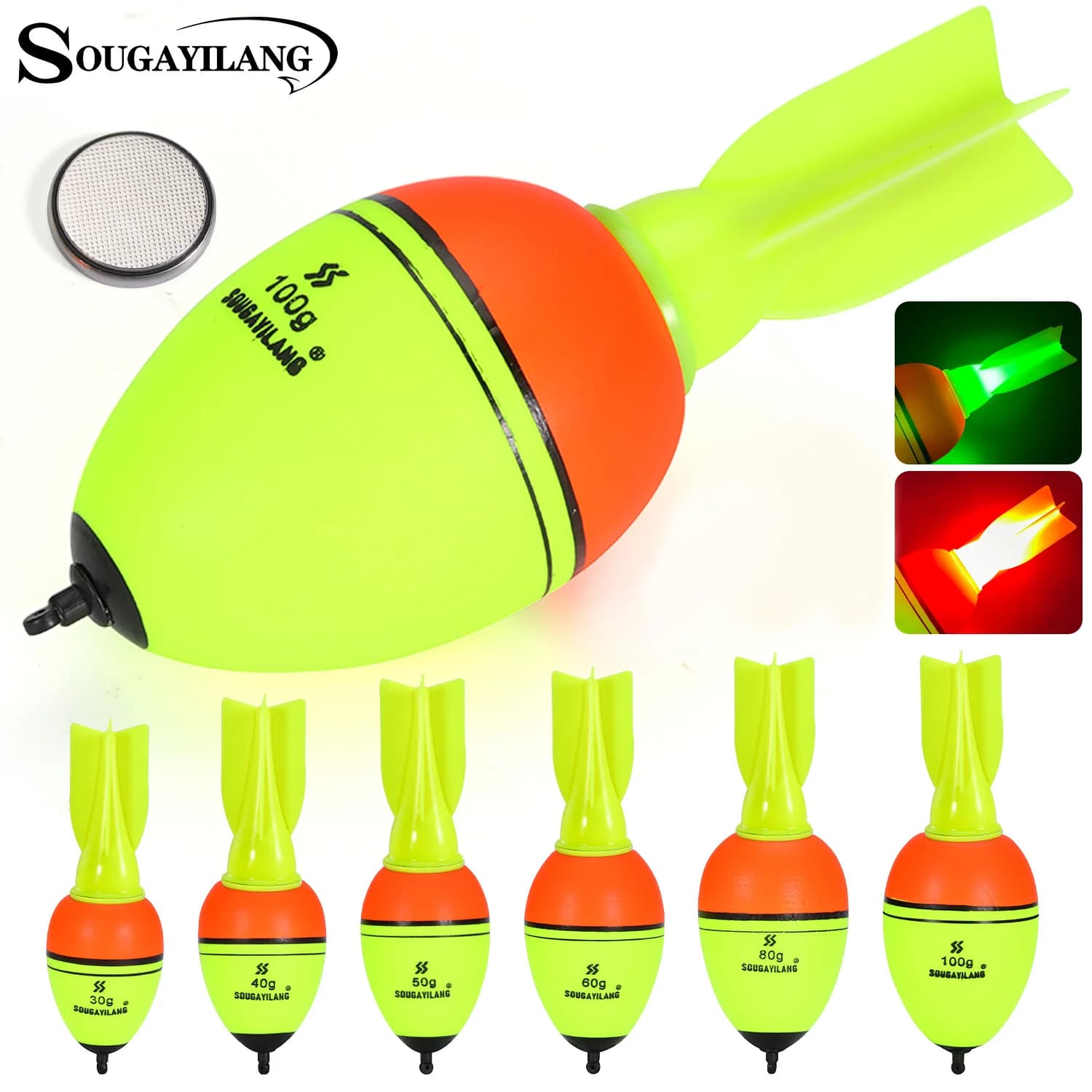Flotteurs lumineux Sougayilang forme fusée 2 pièces - Matériau mousse haute densité pour pêche 30-100g