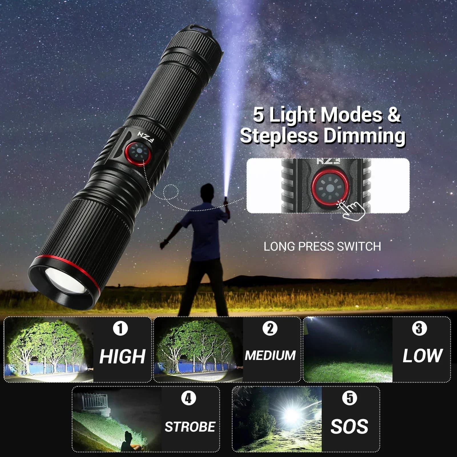 Lampe torche LED laser blanche 30W zoom rechargeable USB éclairage extérieur camping pêche