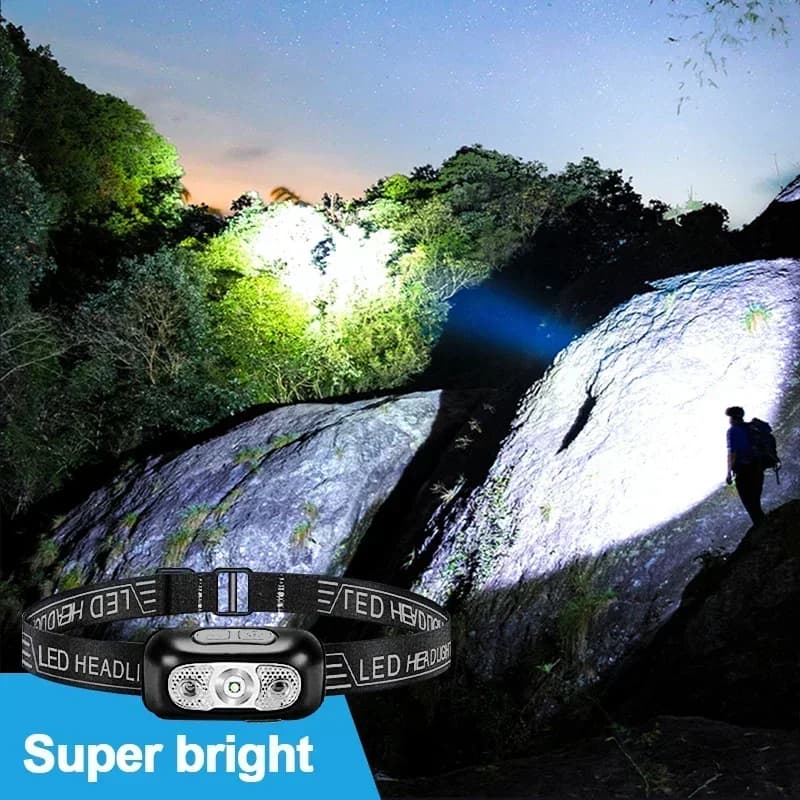 Mini lampe frontale LED puissante étanche avec capteur pour pêche nocturne, camping et randonnée portable