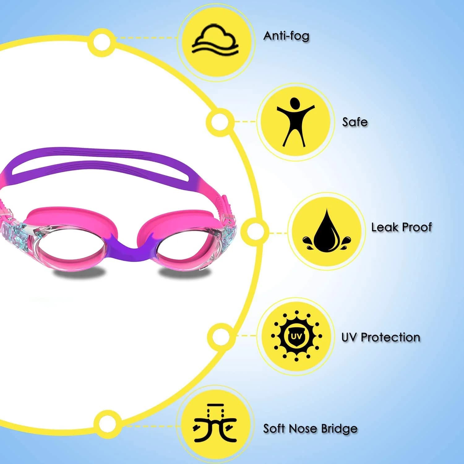 Lunettes de natation enfant + bonnet silicone avec pince-nez et bouchons d'oreilles - Anti-fuite Anti-buée