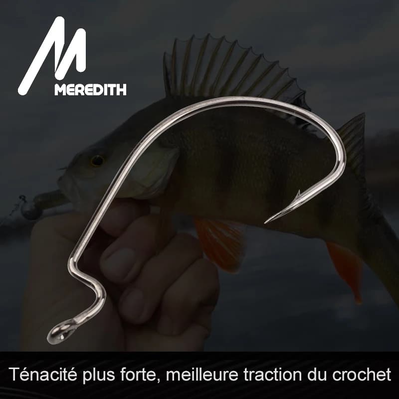 Hameçons pour leurres souples Meredith 50 pièces, acier haute teneur en carbone, large super verrouillage, tailles