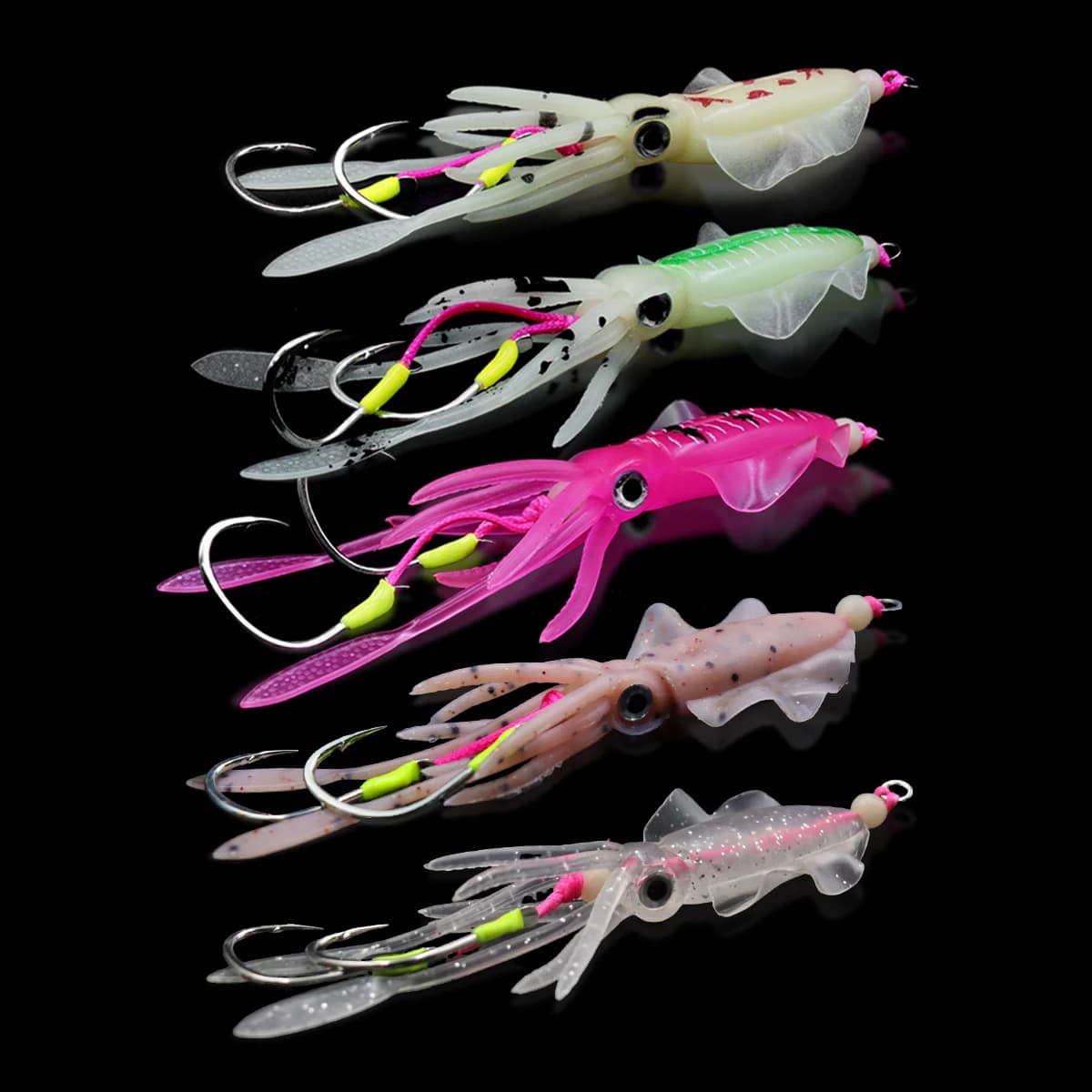 Leurre souple calamar lumineux avec double hameçon pour pêche en mer depuis un bateau