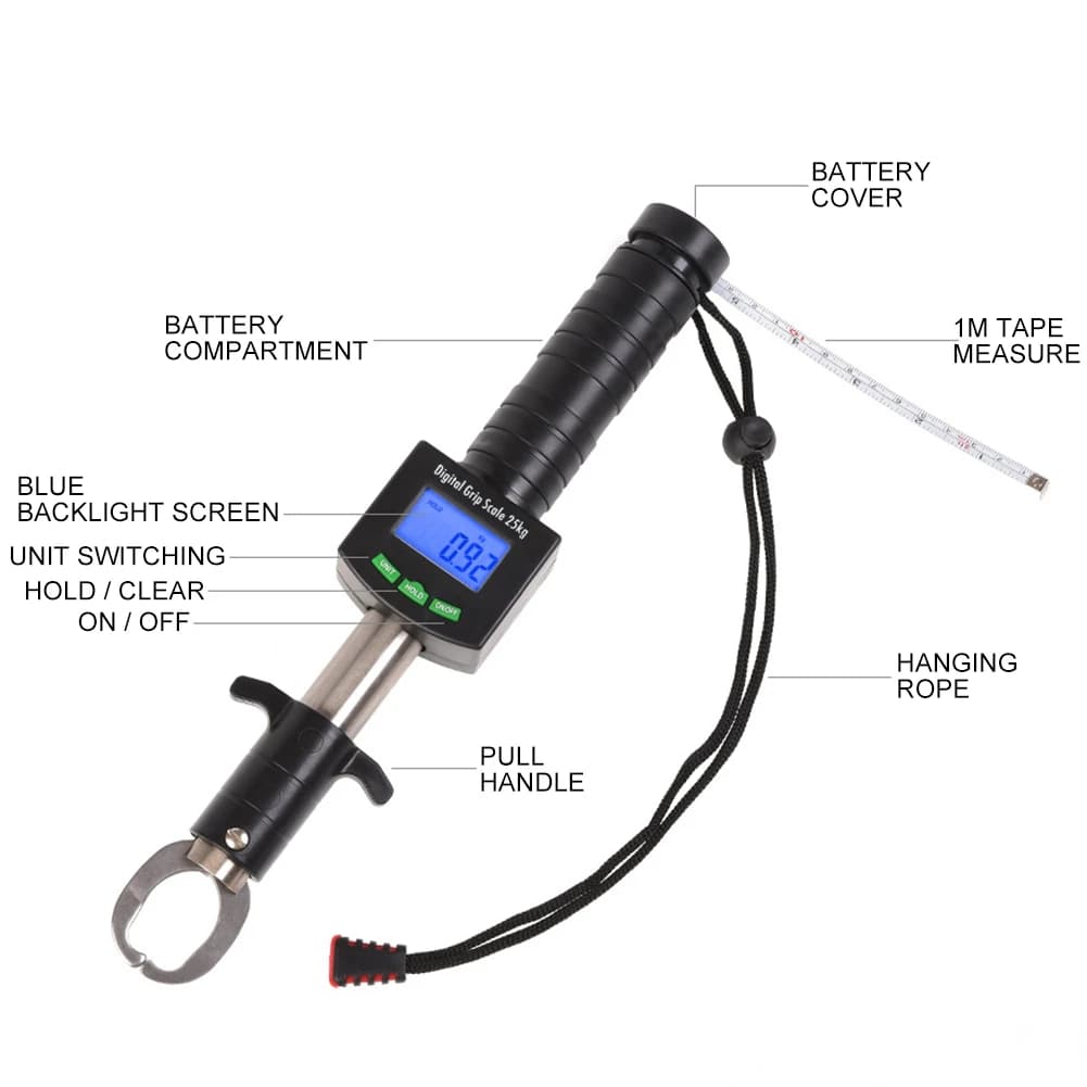 Pèse-poisson digital 3 en 1 grip lip gripper avec pince et mètre ruban 25kg 55lb pour pêche sportive