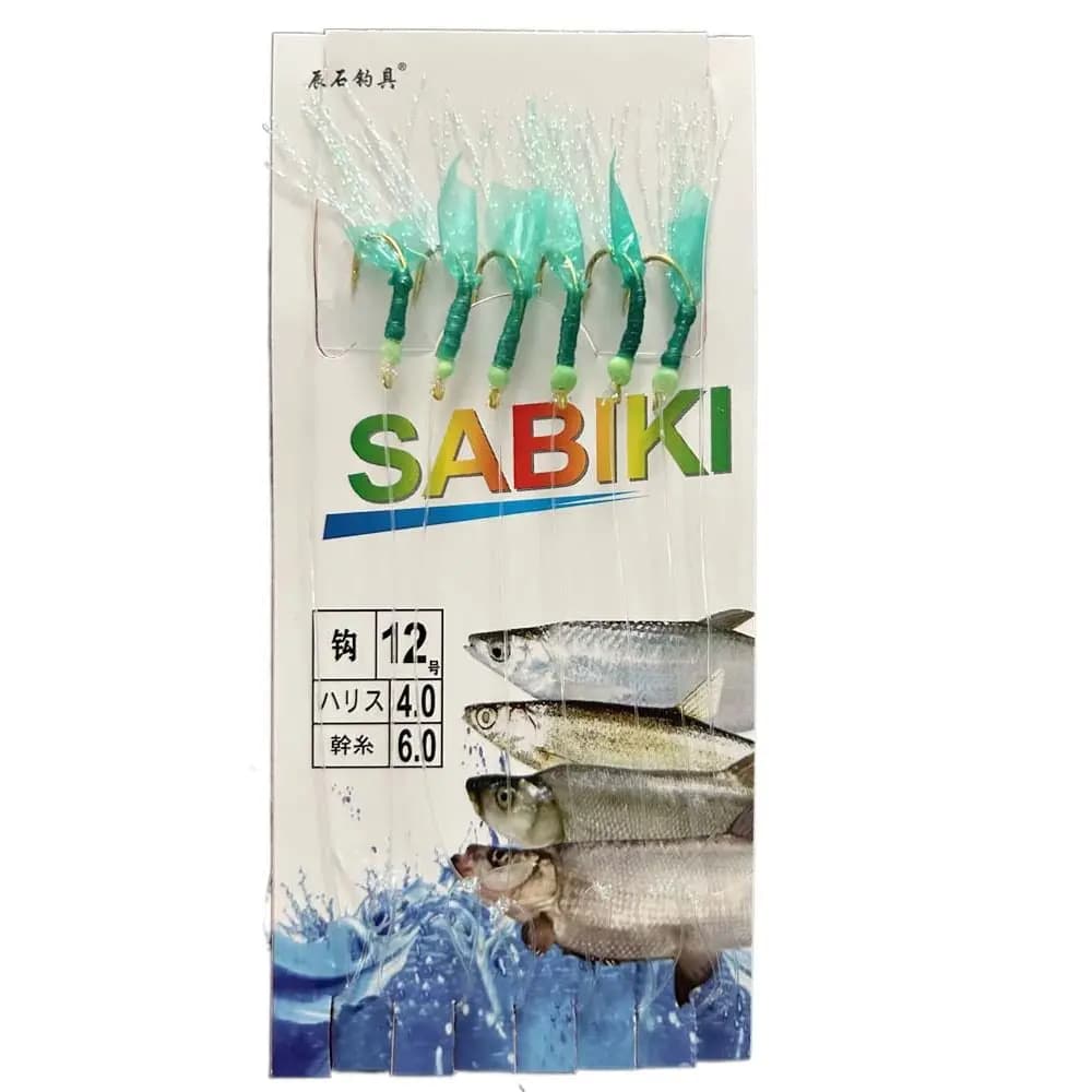 Sabiki rig caoutchouc vert avec plumes et hameçons dorés - Leurres mer acier carbone pour pêche appâts