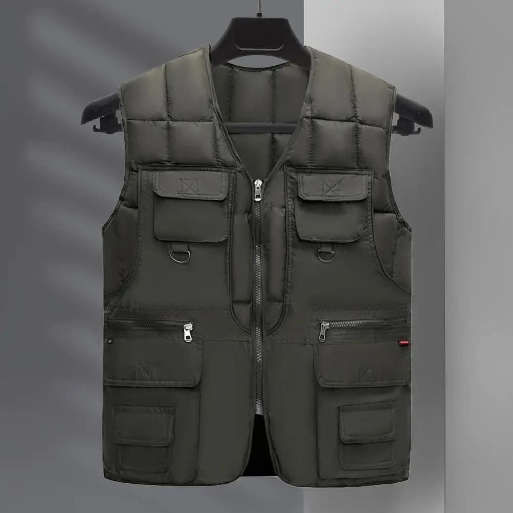 Gilet homme sans manches duvet 10 poches cargo zippé coupe-vent chaud veste multi-poches pêche