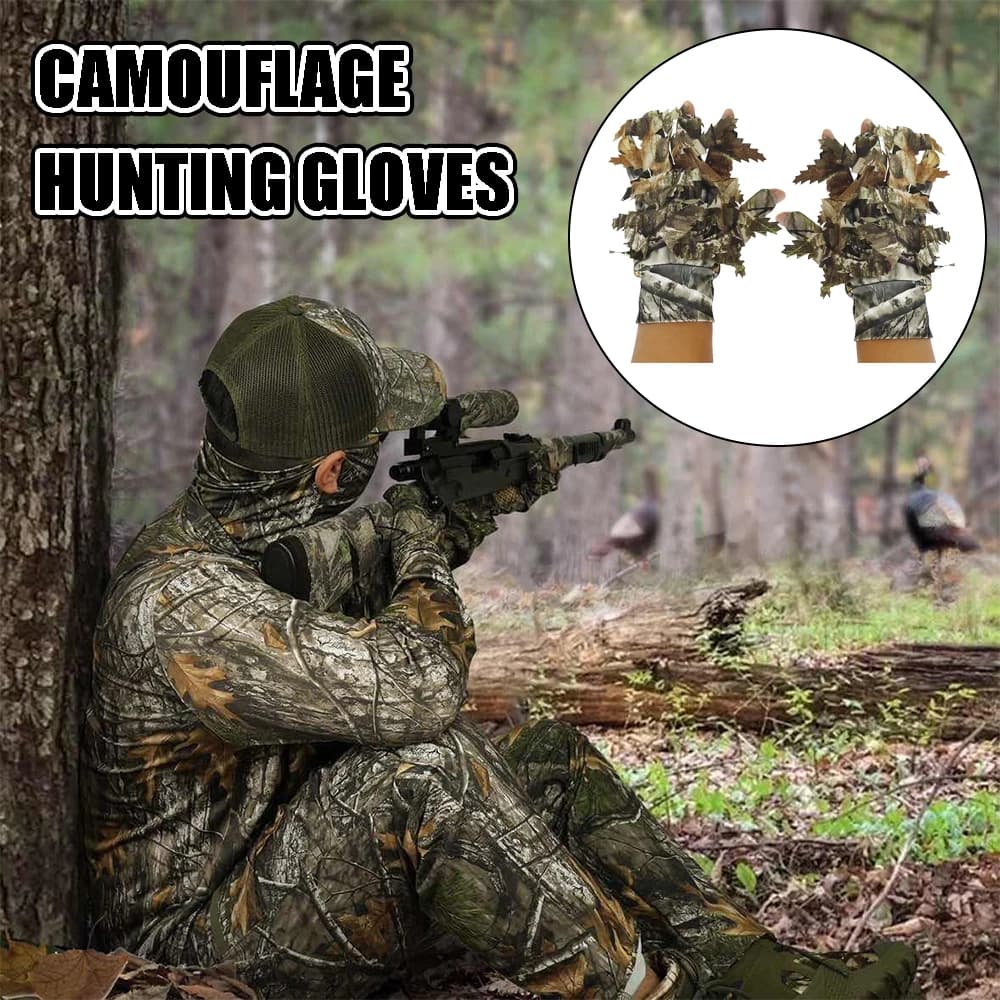 Gants camouflage chasse 3D feuillage léger anti-dérapage demi-doigts pêche sport