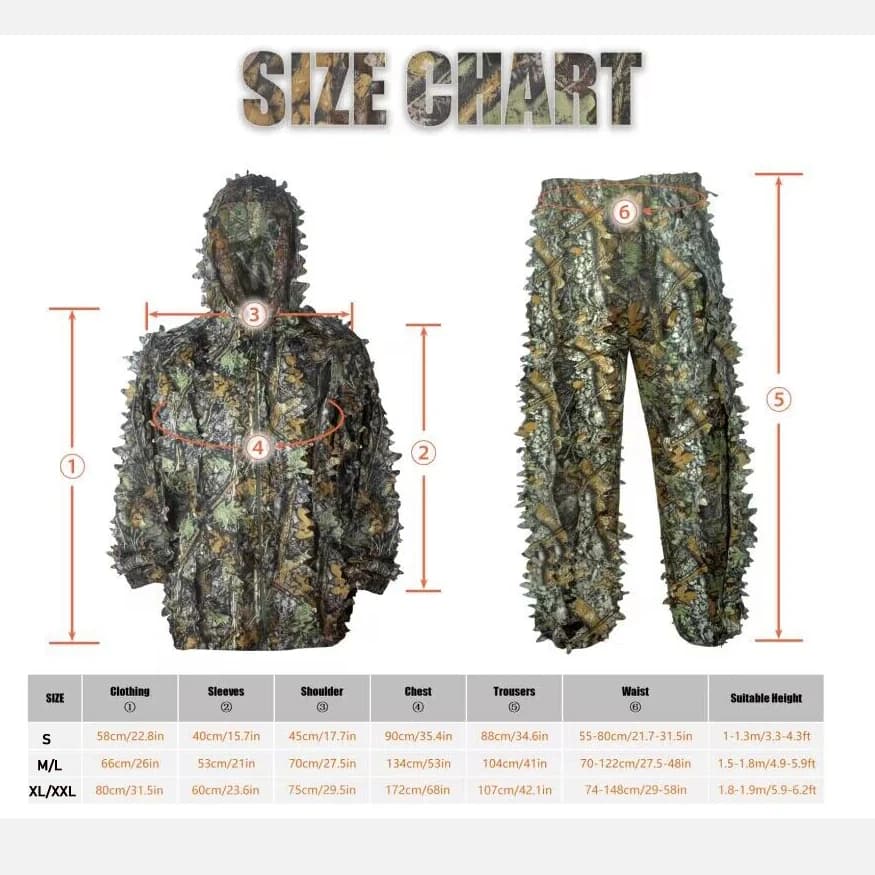 Combinaison chasse camouflage légère 6 en 1 - Tenue feuillue respirante pêche et outdoor