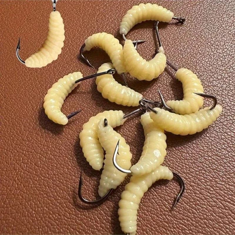 Kit asticots en caoutchouc avec hameçons - Leurres vers pour truite, perche et poissons blancs