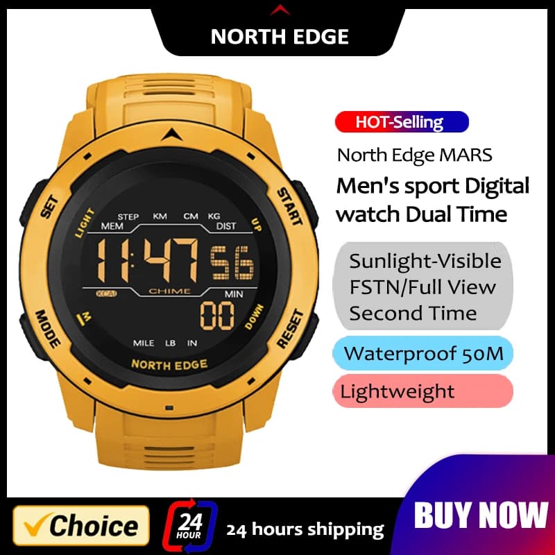 Montre NORTH EDGE - Double fuseau horaire, podomètre running, étanche 50m et réveil militaire digital