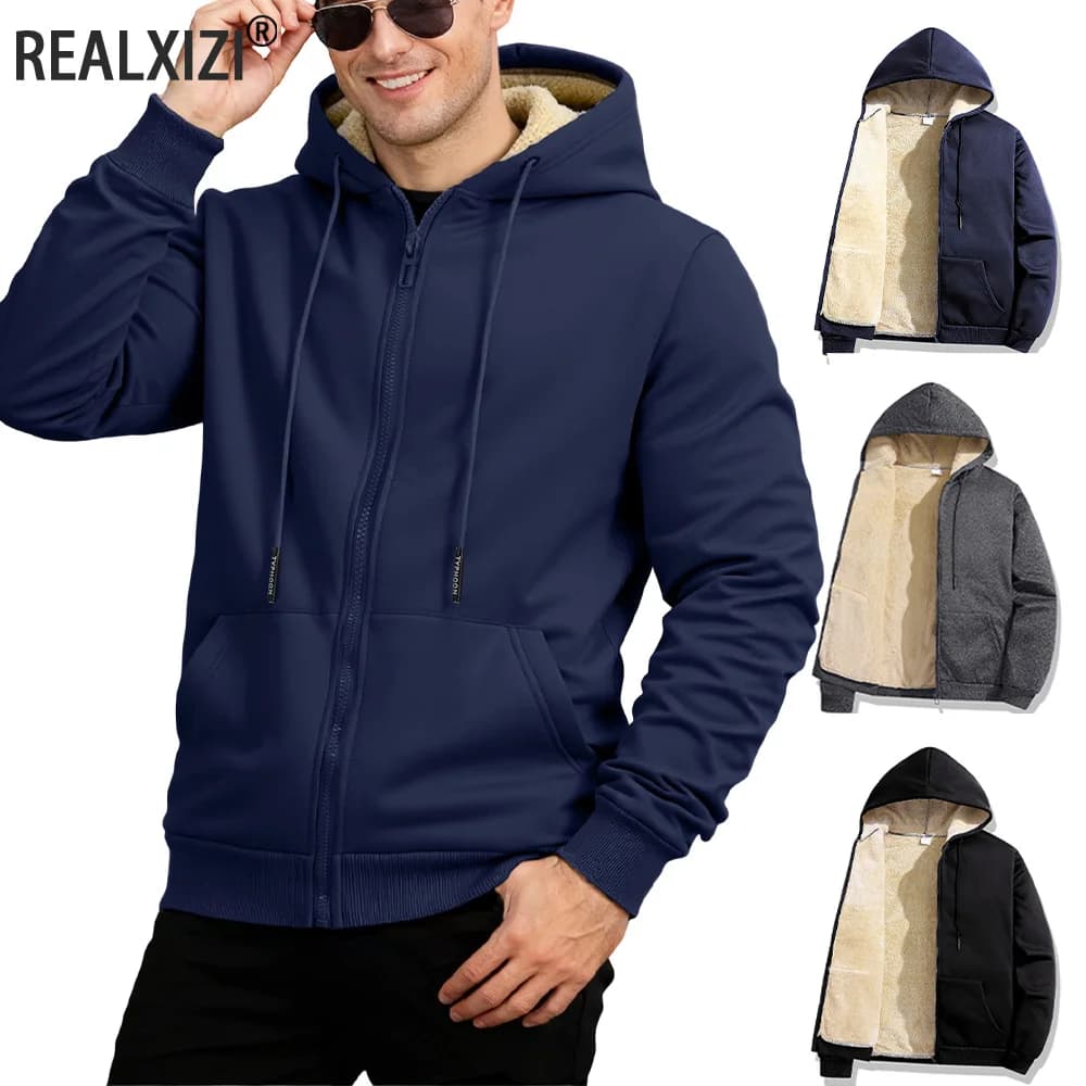 Sweat à capuche épais en laine d'agneau pour pêche hivernale - Veste chaude homme sport casual