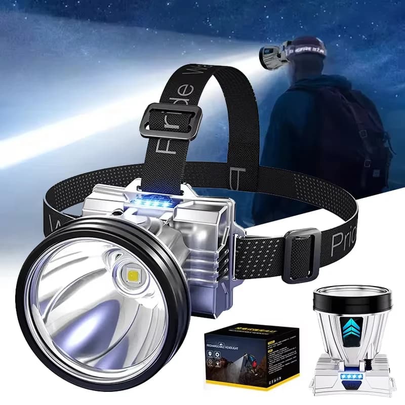 Lampe frontale étanche 10000mAh super lumineuse rechargeable pour pêche camping et urgences