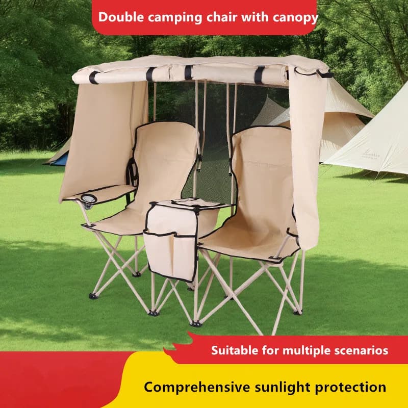 Paire de chaises pliantes double avec pare-soleil intégré pour pêche et plage en couple