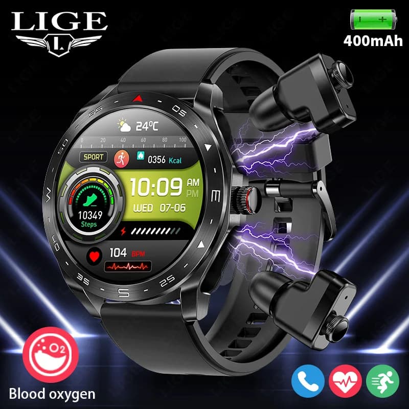 Montre LIGE avec écouteurs intégrés pour pêche : musique, haut-parleur, étanche, écran AMOLED