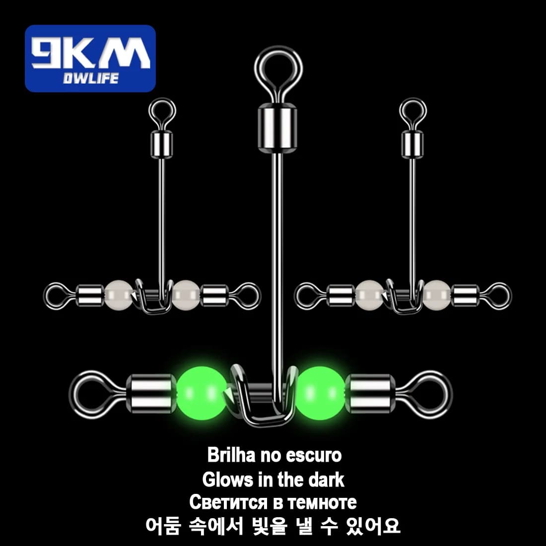 Émerillons 3 voies 9KM avec perles lumineuses - 10 pièces acier inoxydable pêche