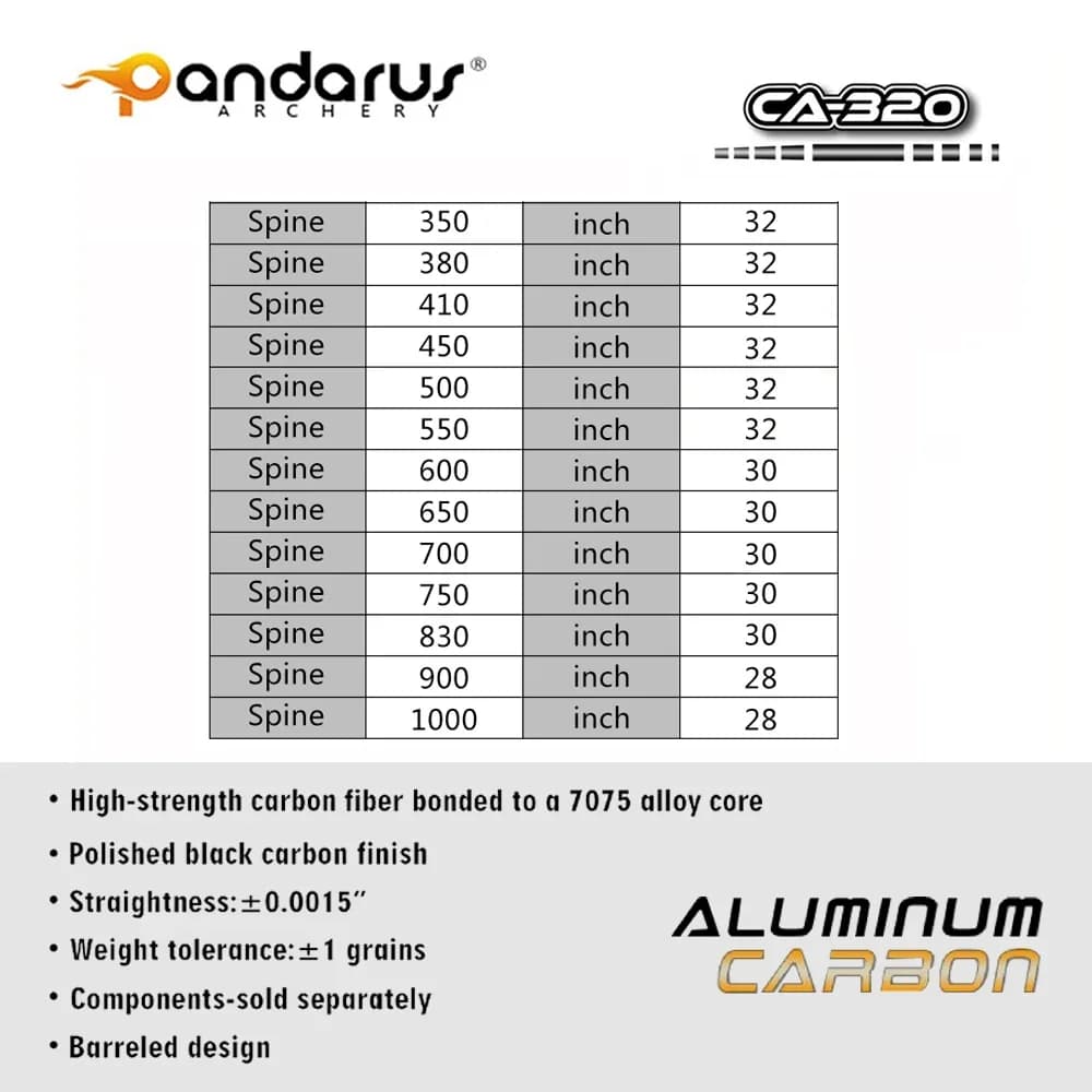 12 flèches carbone aluminium Pandarus ELITE CA320 ID3.2mm design X10 pour pêche à l'arc