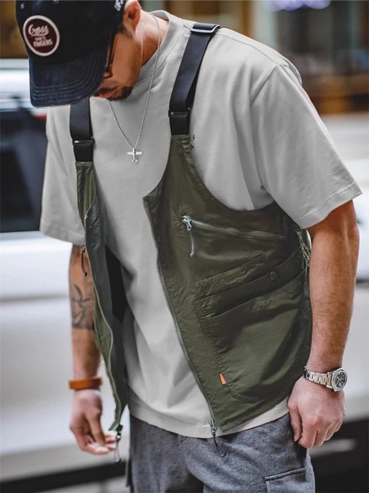Veste pêche loose style japonais avec bretelles pour hommes été fonctionnelle et tendance