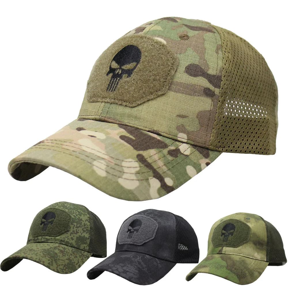 Casquette baseball camouflage crâne tactique armée velcro grid brodée protection solaire