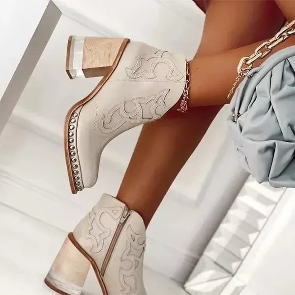 Bottines femme cuir talons bas broderie britannique - Chaussures soirée PU design cool