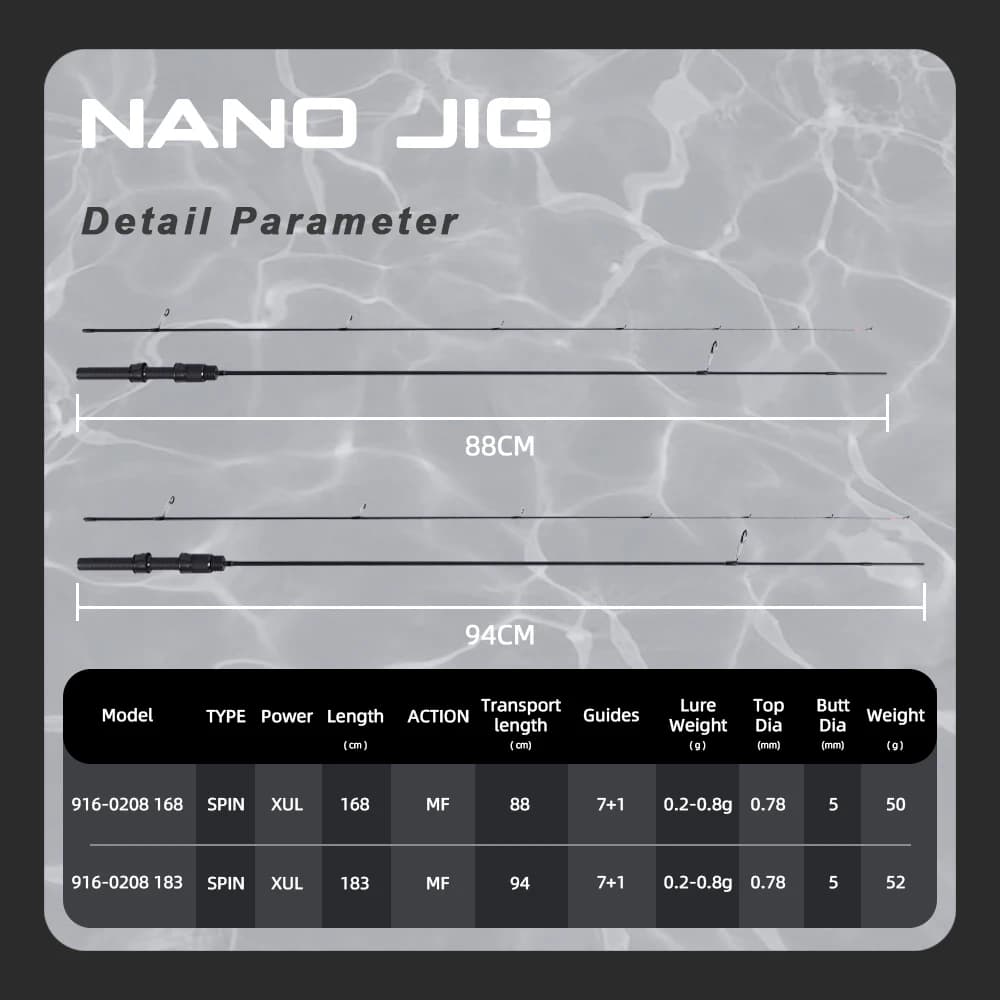 Canne spinning ultra légère MIFINE Nano Jig 0.2-0.8g 1.68/1.83m anneaux Fuji action MF truite black bass
