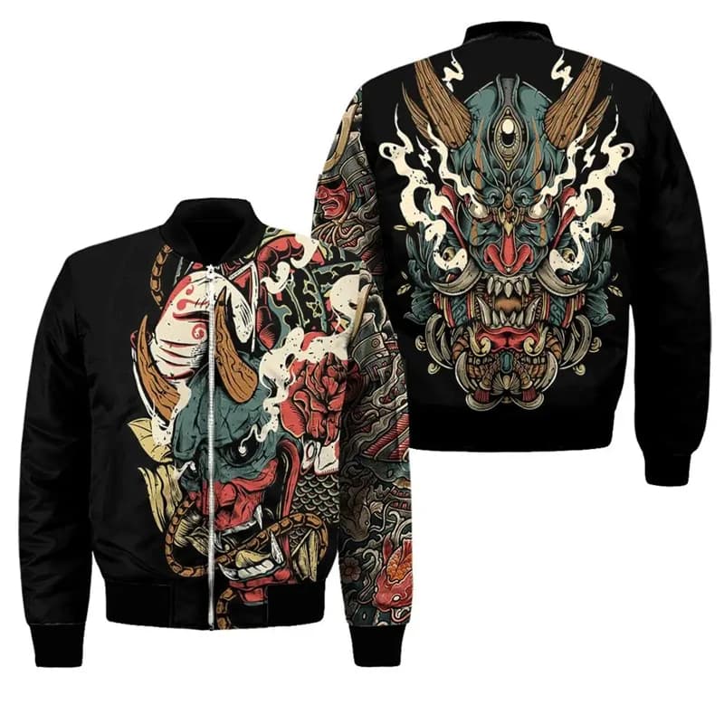Bomber homme imprimé 3D masque samouraï Oni - Veste casual unisexe au design audacieux pour pêcheurs créatifs