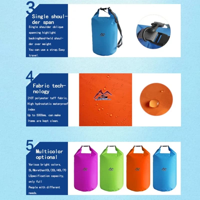 Sac étanche 5L à 70L pour camping dérive trekking natation rafting kayak rivière pêche et activités outdoor