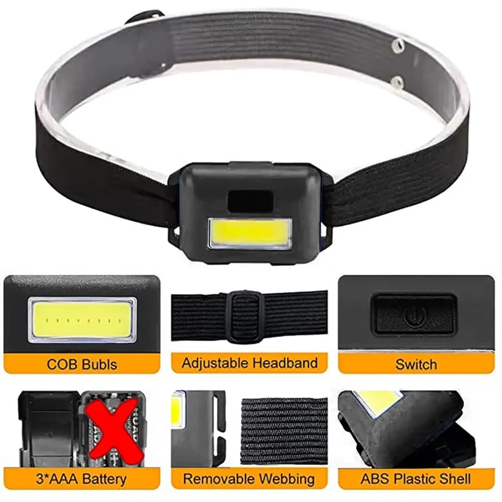 Lampe frontale COB mini portable étanche 3 modes pour pêche camping randonnée légère