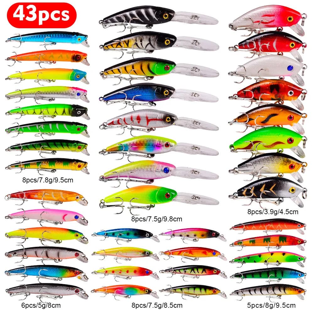 Set de Leurres de Pêche Appâts Durs Minnow Flottants Crankbait Wobblers pour Truite Brochet Perche